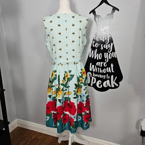 iHot Floral Bee 50's Style Sleeveless Belted A Line Pleated Swing Tea Dress NEW - Picture 6 of 8